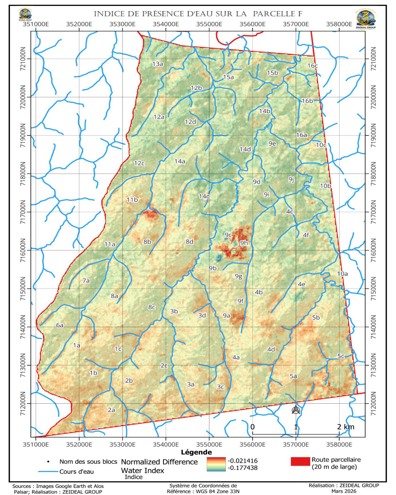 Mapa do índice de presença de água (NDWI) da Parcela F