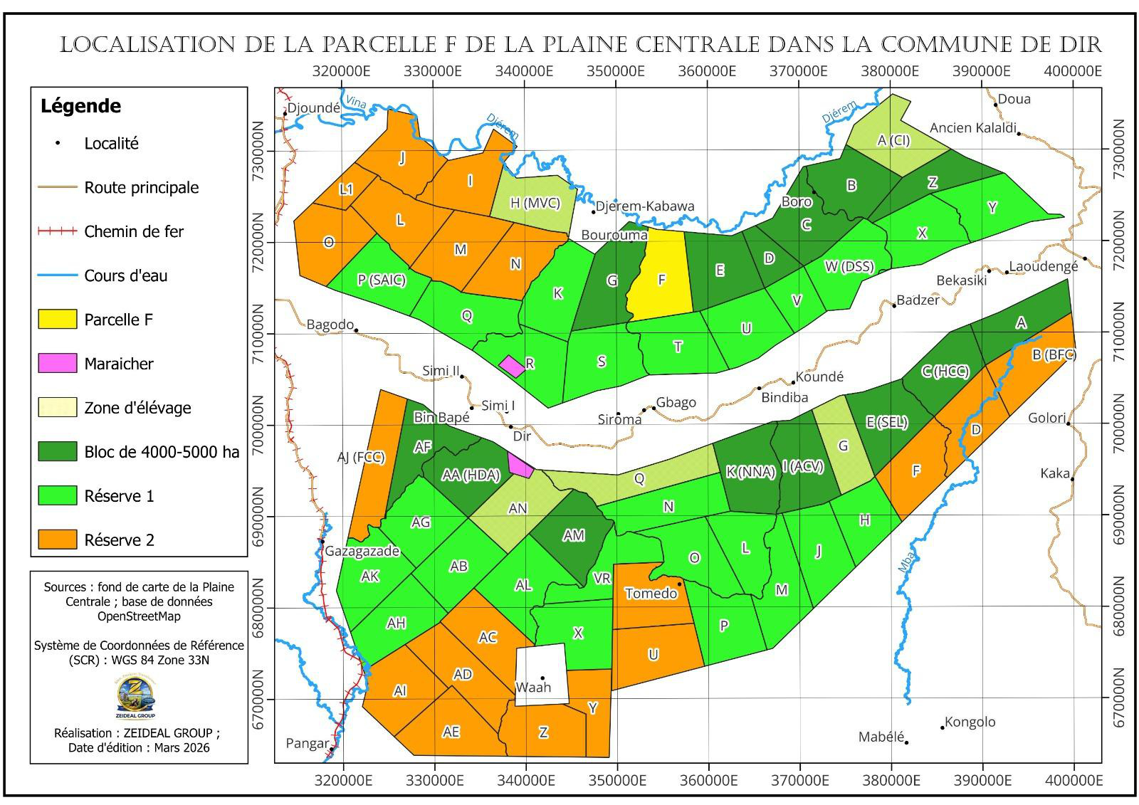 Mapa de localização da Parcela F na Plaine Centrale da comuna de Dir