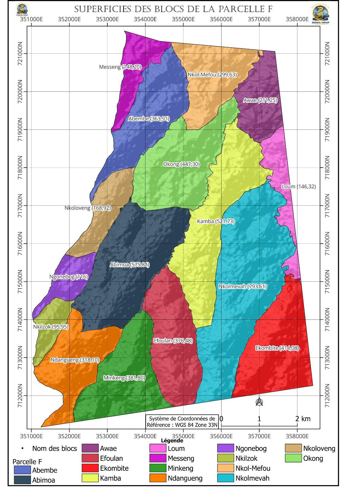 Mapa dos 16 sub-blocos da Parcela F e suas áreas